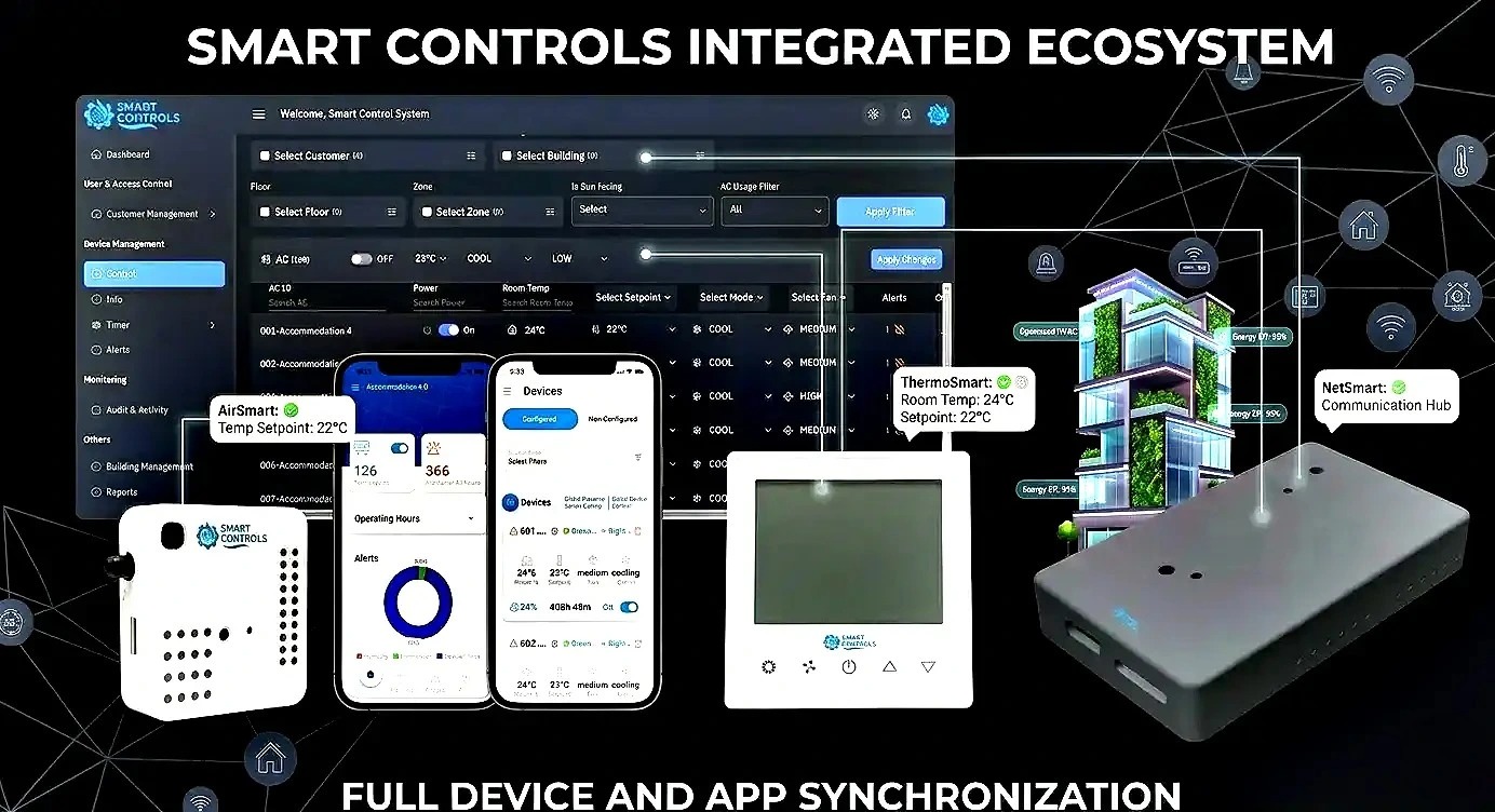 Smart Controls integrated HVAC ecosystem with dashboard, mobile applications and smart devices